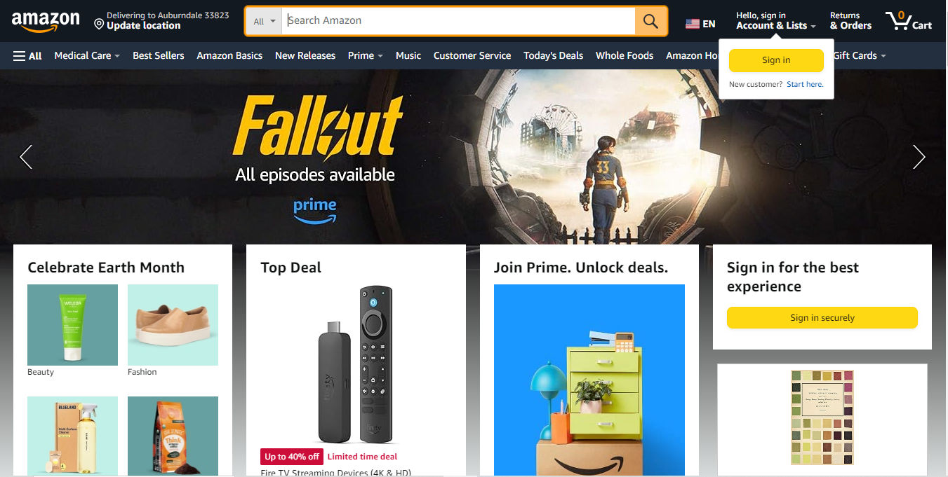 A screenshot of Amazon.com's home page.